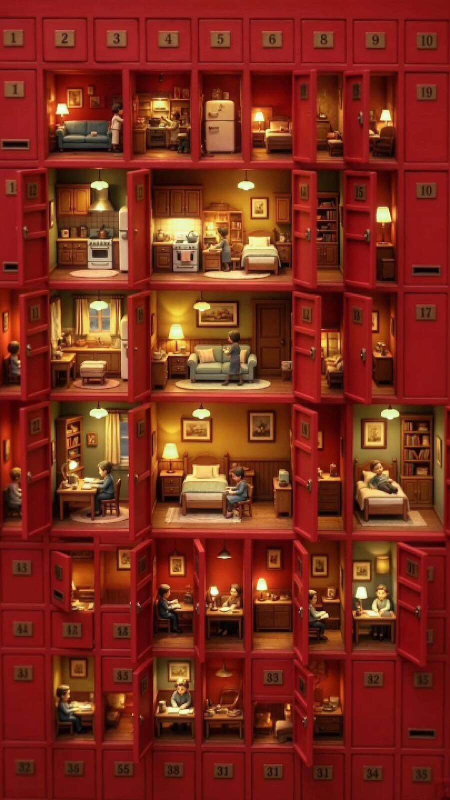 Red wall of locker-style compartments with doors open, revealing tiny dollhouse rooms with miniature figures, AI-generated stop-motion style