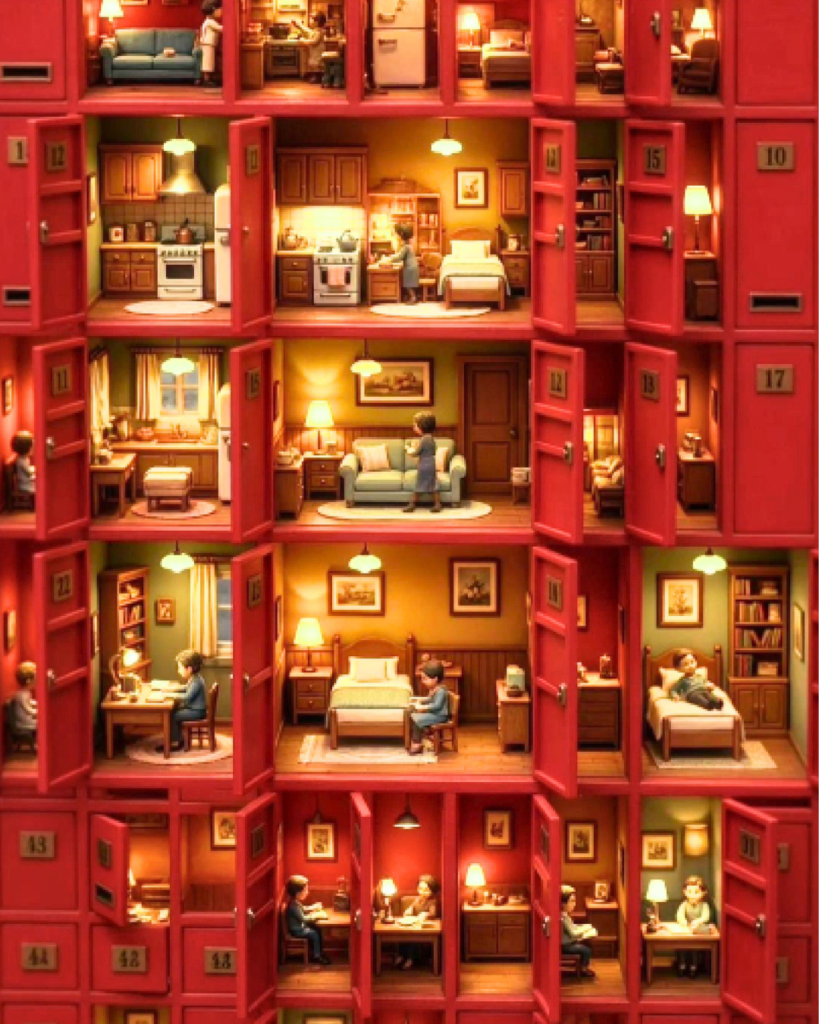 Red wall of locker-style compartments with doors open, revealing tiny dollhouse rooms with miniature figures, AI-generated stop-motion style