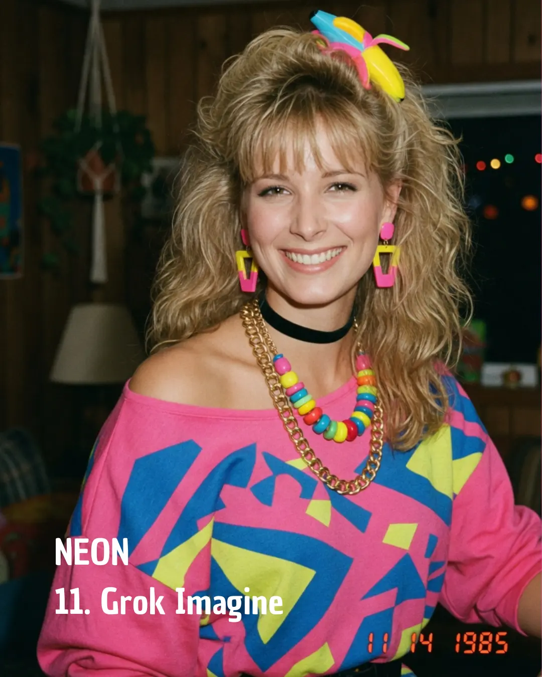 AI-generated 1985-style portrait by Grok Imagine with bright, electric neon tones