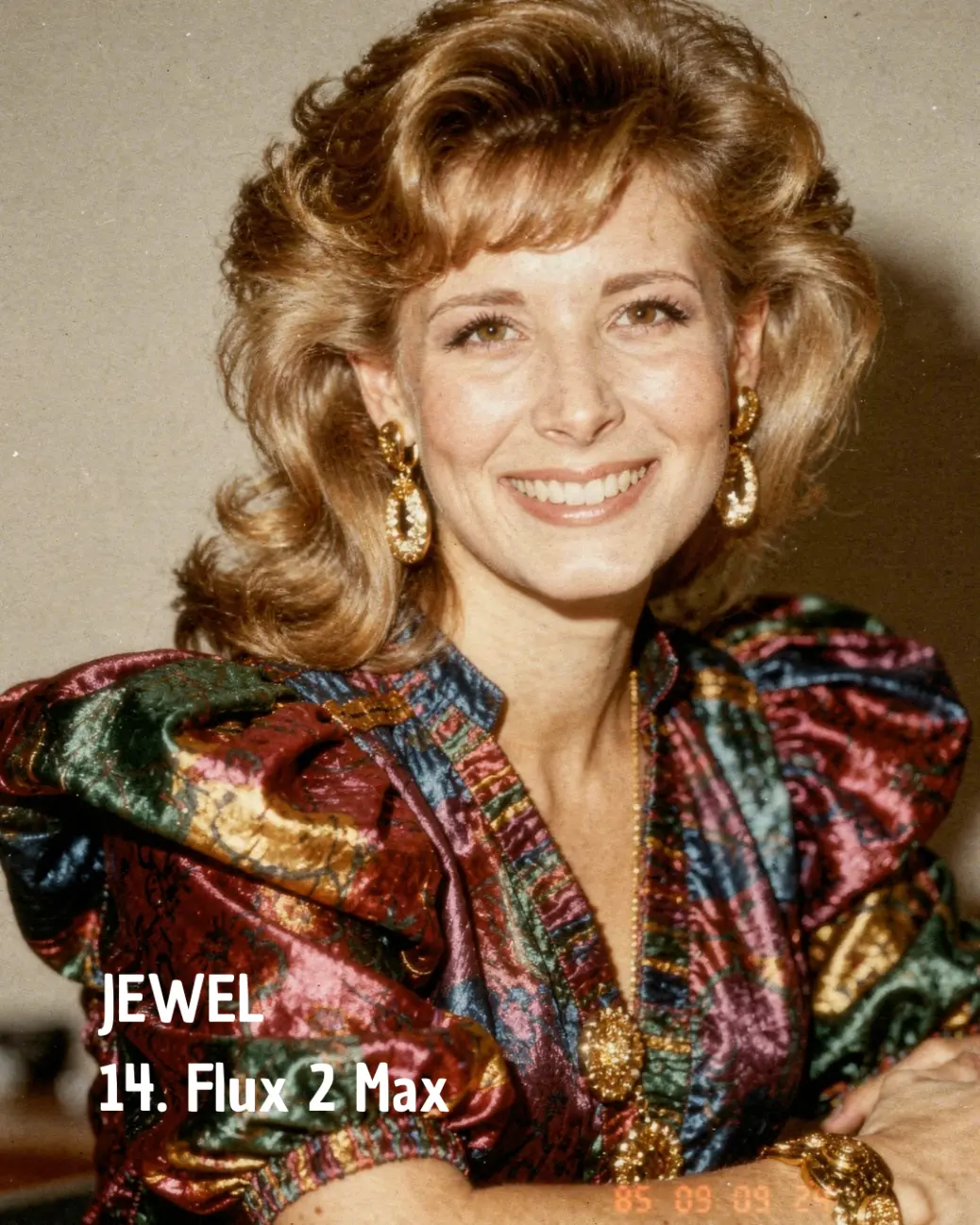AI-generated 1985-style portrait by Flux 2 Max with rich jewel-toned color grading