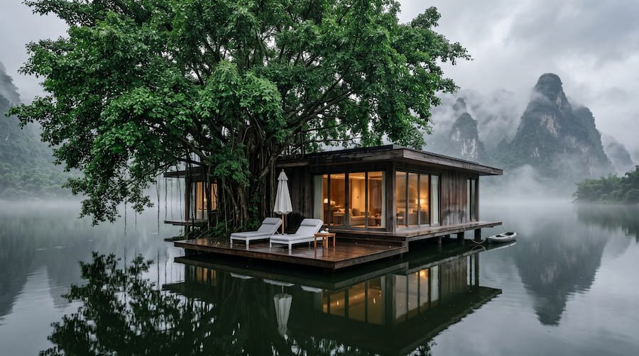 A contemporary dark wood villa over water flanked by a colossal banyan tree with sharp, misty karst peaks in the background.