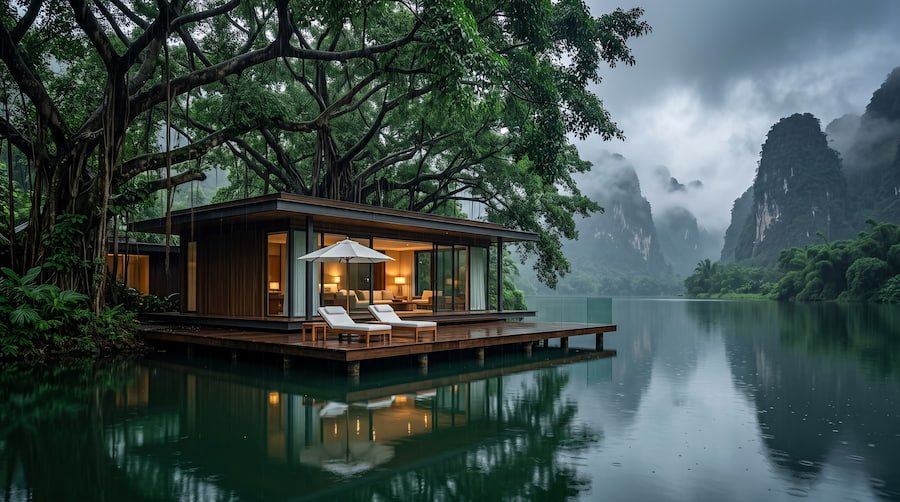 A compact luxury cabin over a mirror-like lake with clean horizontal design lines and a central patio umbrella.