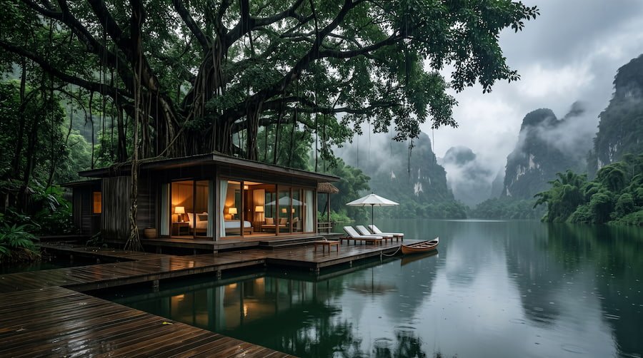 A dramatic cinematic view of a luxury villa tucked deeply under thick emerald tree canopies on a foggy day.