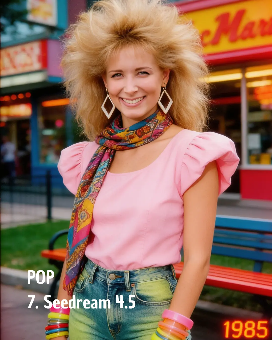 AI-generated 1985-style portrait by Seedream 4.5 with bold, saturated color blocking