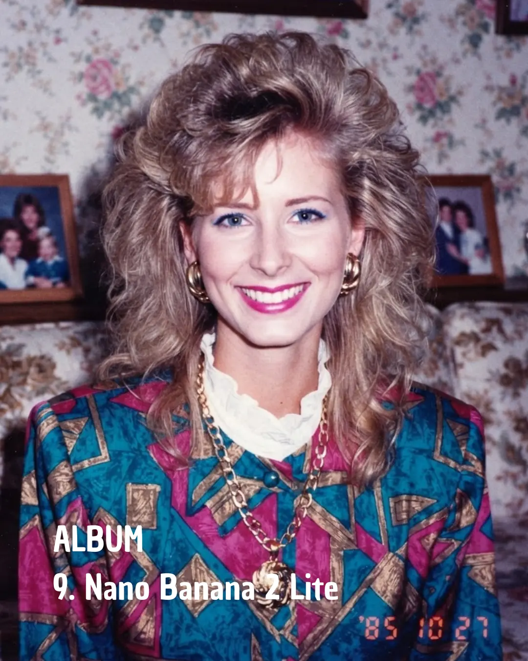 AI-generated 1985-style portrait by Nano Banana 2 Lite staged in front of floral wallpaper and framed family photos