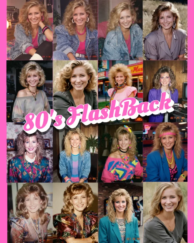 5x3 grid of 15 AI-generated 1985-style portraits from different image models, with a hand-lettered "80's FlashBack" title overlay