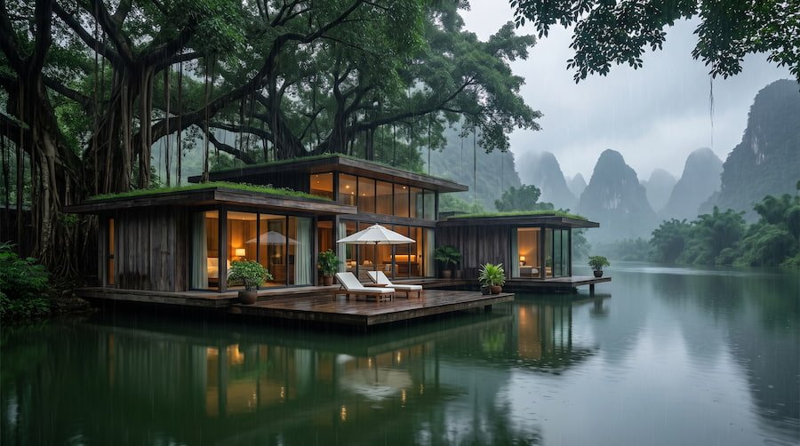 A wide shot of a modern eco-resort villa on a calm river with a sprawling wooden deck and dense foliage overhead.
