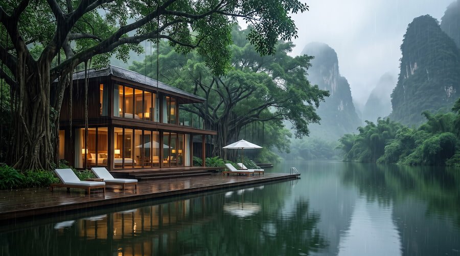 A waterfront luxury cabin featuring white lounge chairs on an elongated wooden pier under overhanging trees.