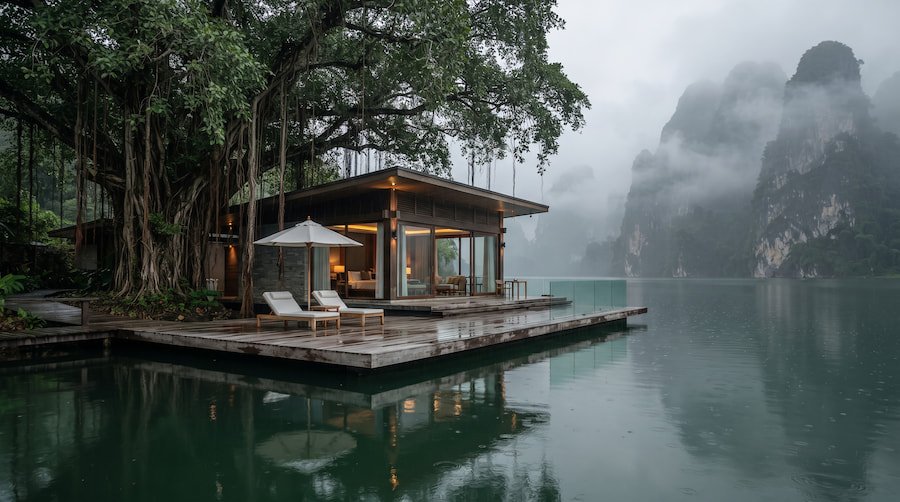 A close-up view of a wet wooden deck with loungers outside a luxury cabin, set against heavy background fog.