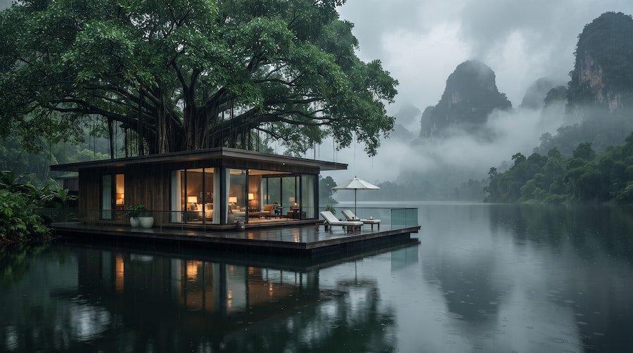 A sleek wooden eco-lodge sitting directly on still green water under an expansive tree canopy.