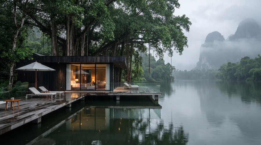 A minimalist overwater villa at twilight, showing warm interior light reflections ripple across a smooth river.