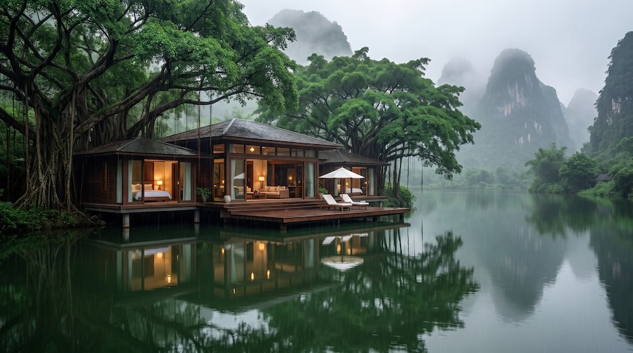 A sustainable luxury lake cabin with modular structures glowing warmly against dark green river banks.