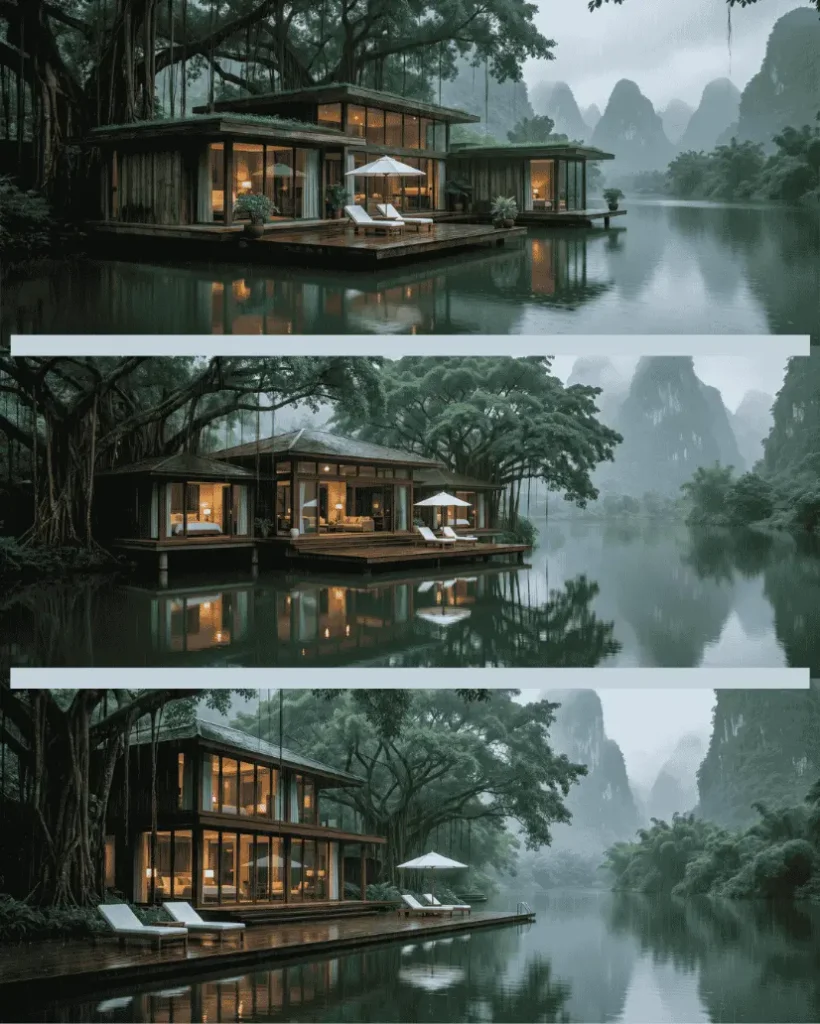A collage of three different modern luxury eco-resort villas built on a tranquil river bank, surrounded by giant banyan trees and misty karst mountains in the background.